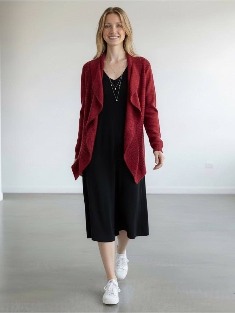 Eileen Fisher Wool Preppy Open Front Ruffle Hem Cardigan Sweater Sz M Burgundy